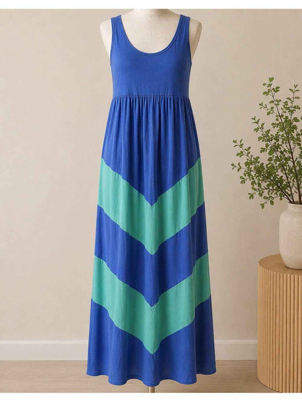 Blue Green Chevron Sleeveless Round Neck Pullover Maxi Dress Women’s S